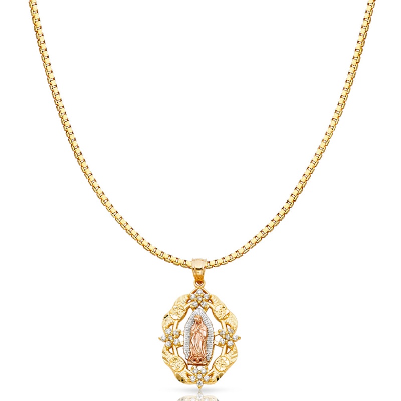14K Gold Cz Religious Guadalupe Charm Pendant With 1.2Mm Box Chain Necklace