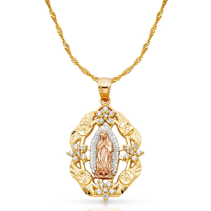 14K Gold Cz Guadalupe Charm Pendant With 1.8Mm Singapore Chain Necklace