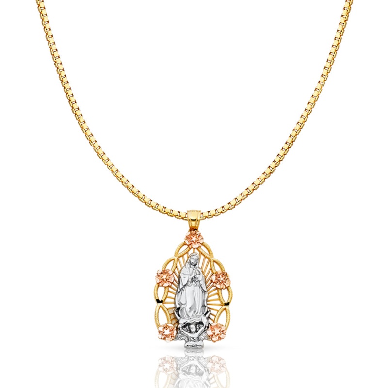 14K Gold Religious Guadalupe Charm Pendant With 1.2Mm Box Chain Necklace