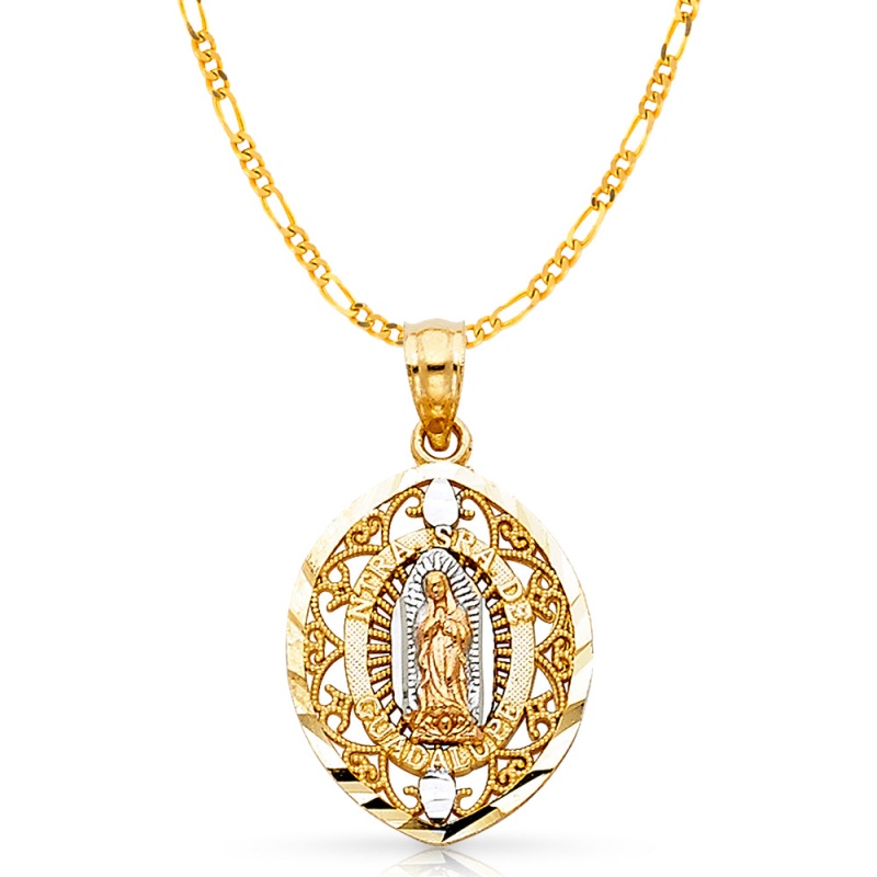 14K Gold Guadalupe Charm Pendant With 3.1Mm Figaro 3+1 Chain Necklace