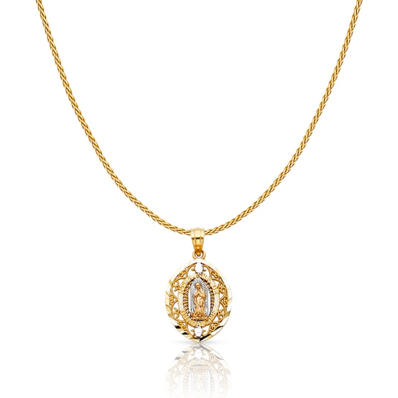 14K Gold Guadalupe Charm Pendant With 0.9Mm Wheat Chain Necklace