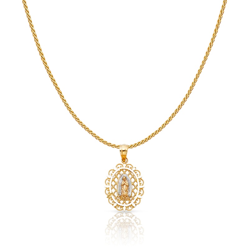14K Gold Guadalupe Charm Pendant With 0.9Mm Wheat Chain Necklace