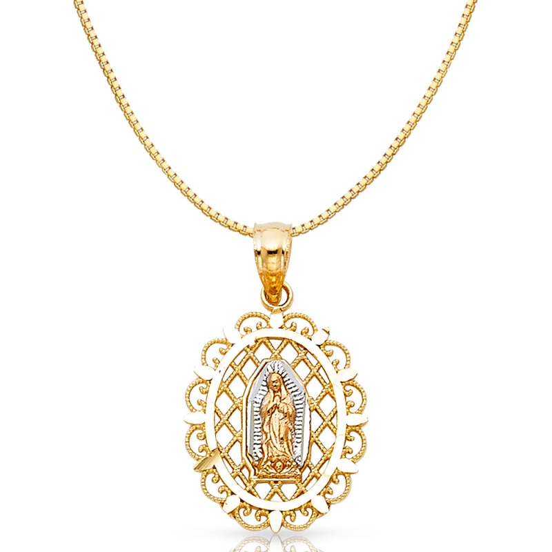 14K Gold Religious Guadalupe Charm Pendant With 0.8Mm Box Chain Necklace