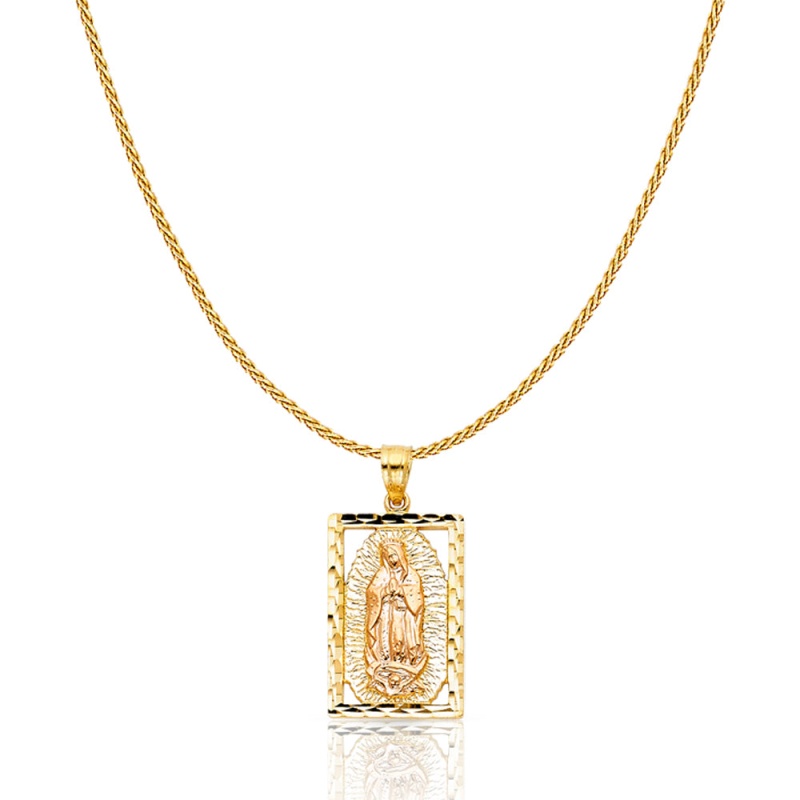 14K Gold Guadalupe Charm Pendant With 0.9Mm Wheat Chain Necklace
