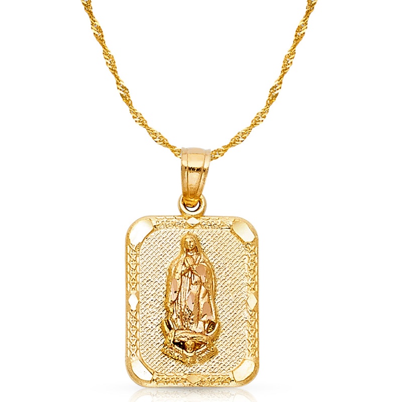 14K Gold Guadalupe Charm Pendant With 1.2Mm Singapore Chain Necklace