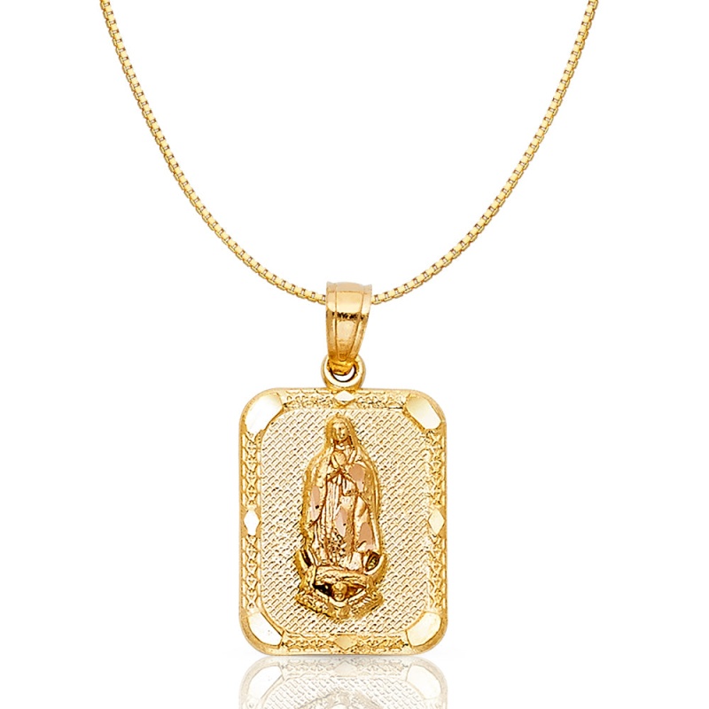14K Gold Religious Guadalupe Charm Pendant With 0.8Mm Box Chain Necklace