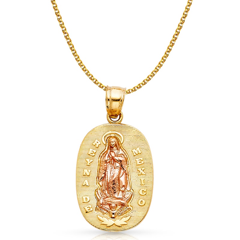 14K Gold Guadalupe Charm Pendant With 1.5Mm Flat Open Wheat Chain Necklace