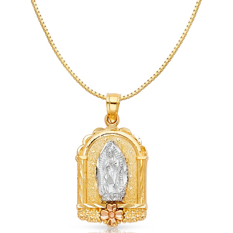 14K Gold Religious Guadalupe Charm Pendant With 0.8Mm Box Chain Necklace