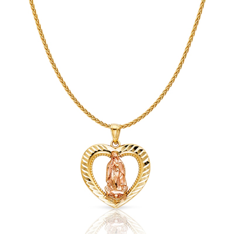 14K Gold Guadalupe Charm Pendant With 1.1Mm Wheat Chain Necklace