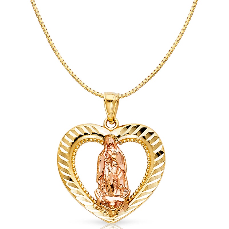 14K Gold Religious Guadalupe Charm Pendant With 0.8Mm Box Chain Necklace