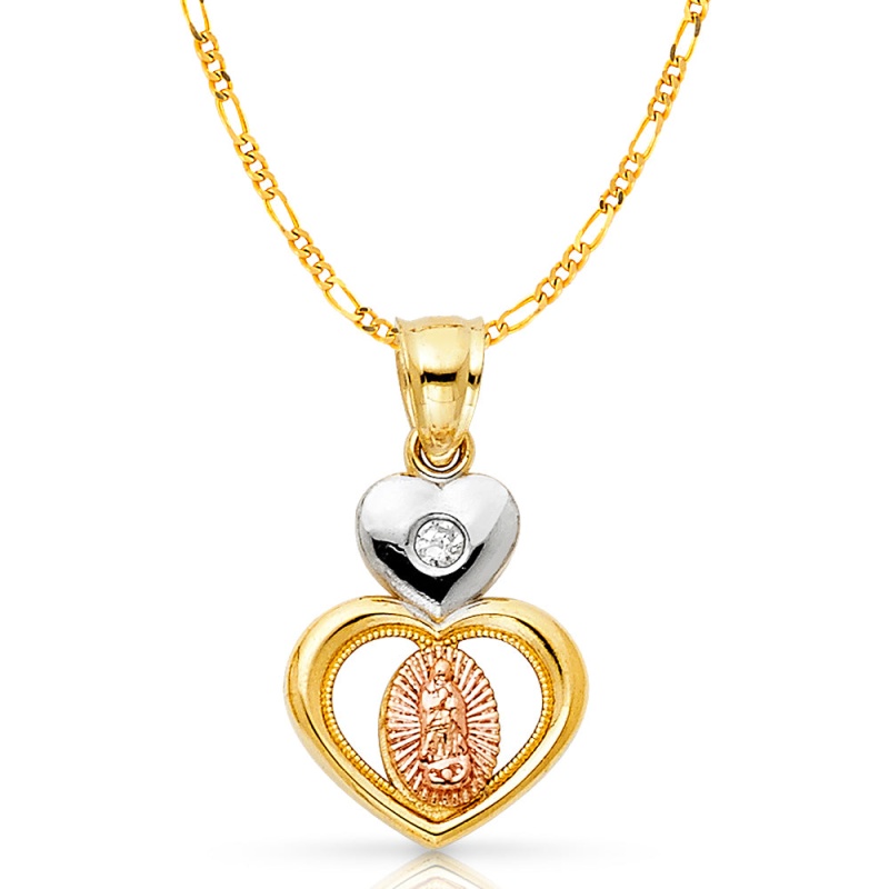 14K Gold Cz Guadalupe Charm Pendant With 2.3Mm Figaro 3+1 Chain Necklace