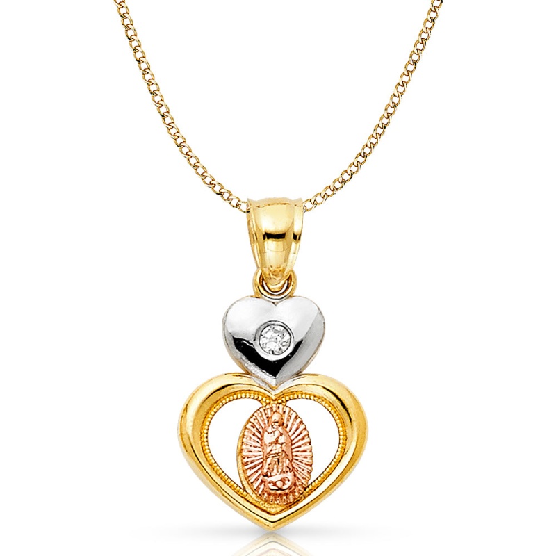 14K Gold Cz Guadalupe Charm Pendant With 2.3Mm Hollow Cuban Chain Necklace