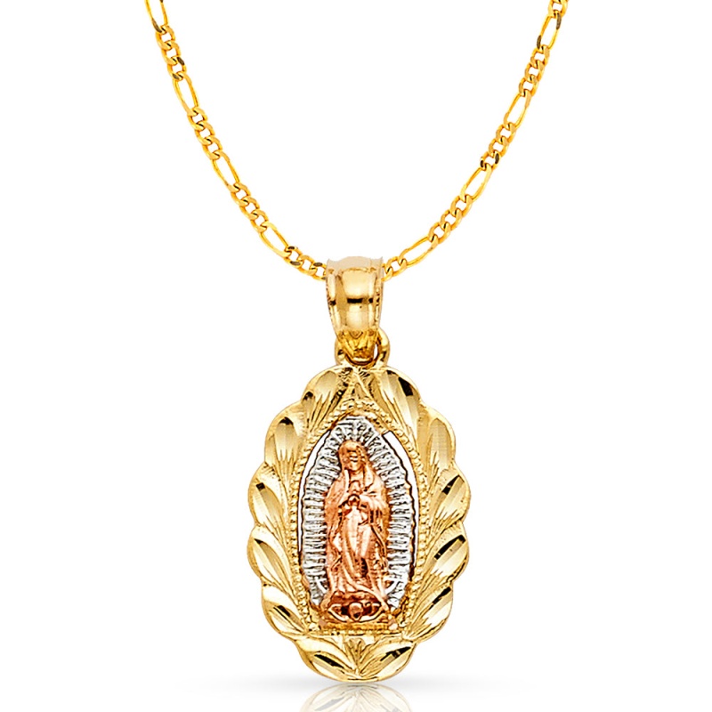 14K Gold Guadalupe Charm Pendant With 2.3Mm Figaro 3+1 Chain Necklace