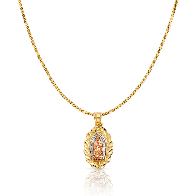 14K Gold Guadalupe Charm Pendant With 0.9Mm Wheat Chain Necklace
