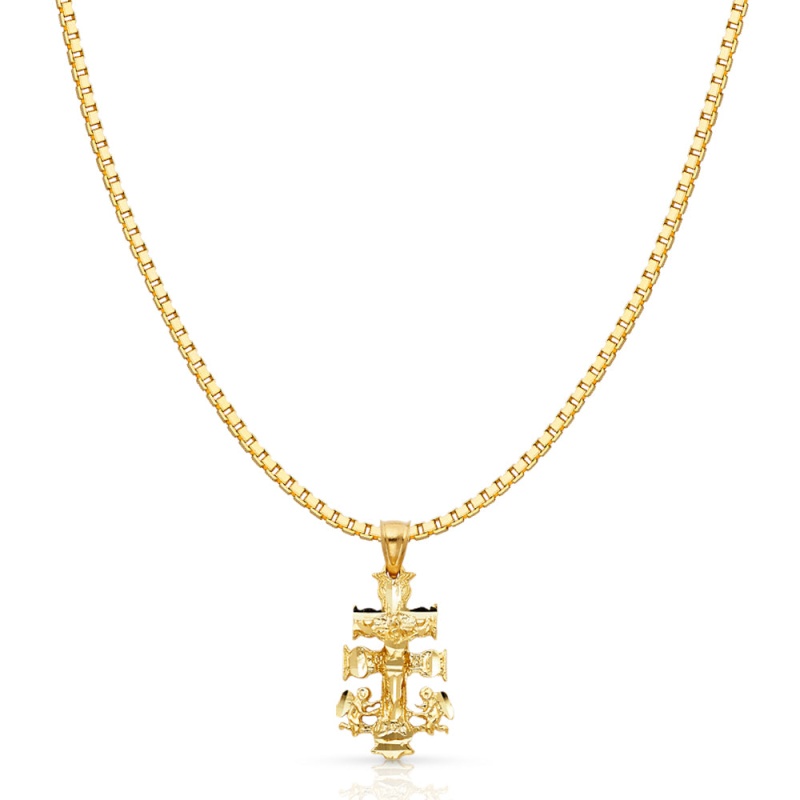 14K Gold Religious Cross Of Caravaca Charm Pendant With 1.2Mm Box Chain Necklace