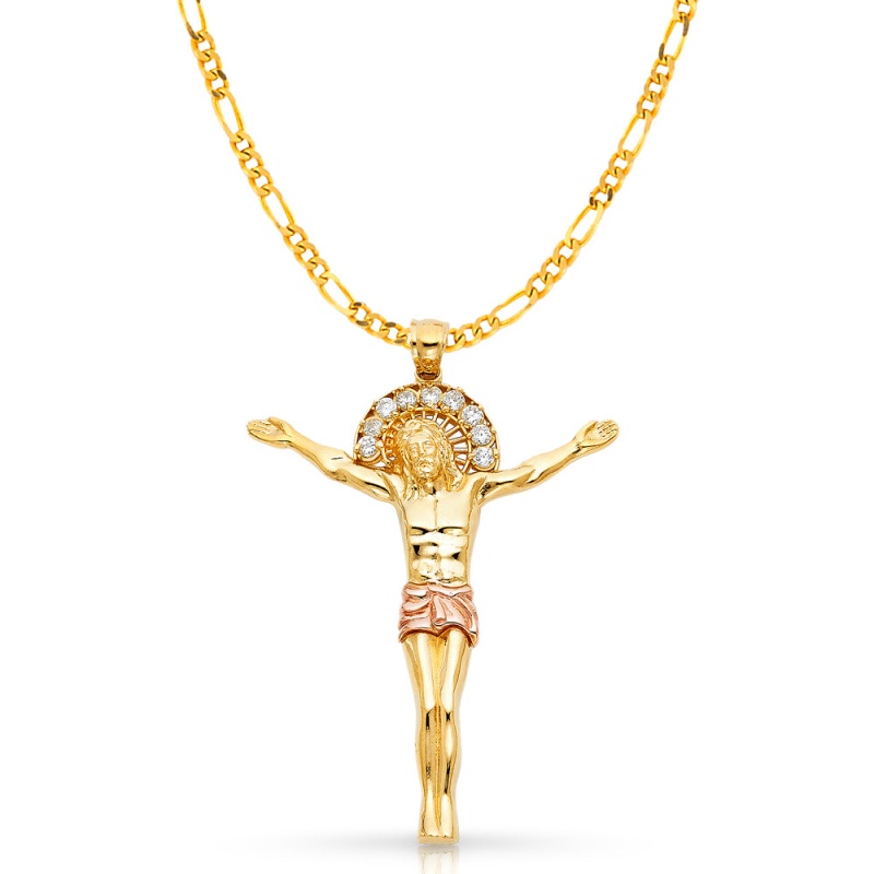 14K Gold Cz Jesus Christ Body Charm Pendant With 3.8Mm Figaro 3+1 Chain Necklace