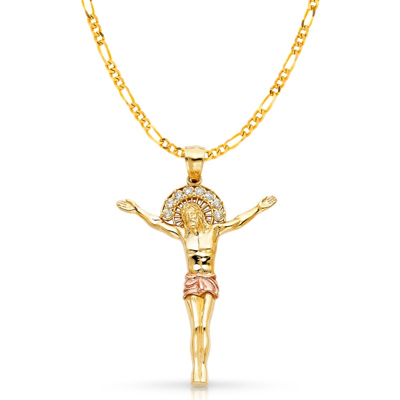 14K Gold Cz Jesus Christ Body Charm Pendant With 3.1Mm Figaro 3+1 Chain Necklace