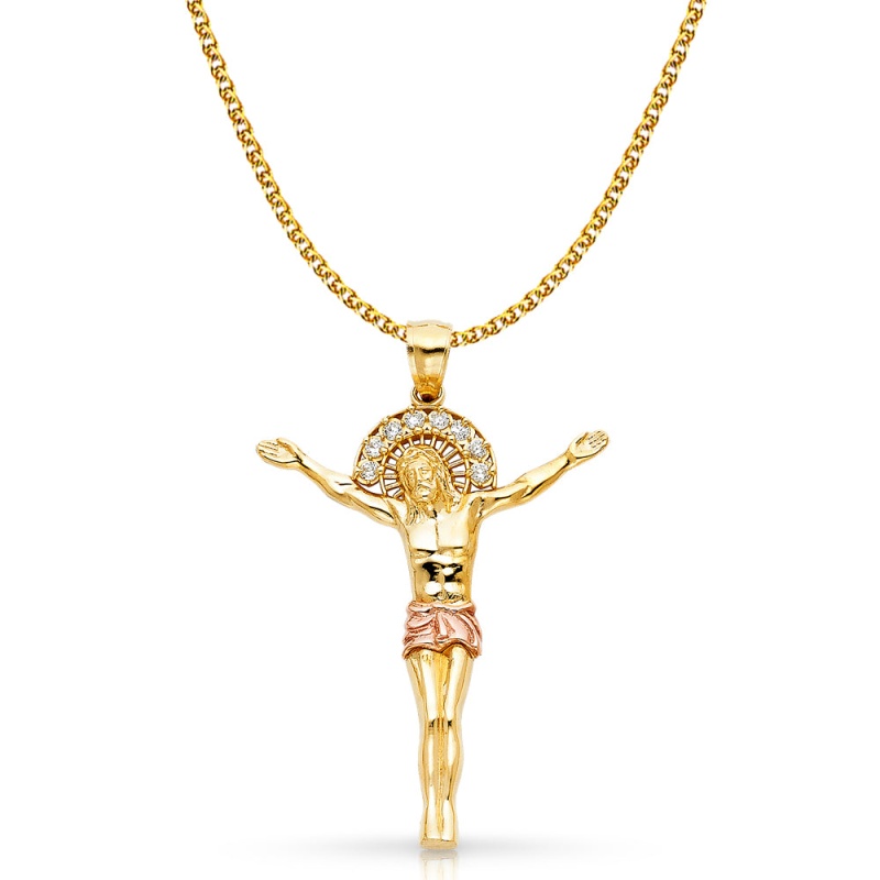 14K Gold Cz Jesus Christ Body Charm Pendant With 1.7Mm Flat Open Wheat Chain Necklace
