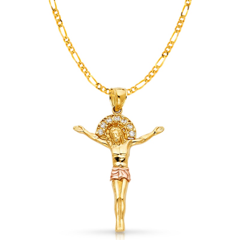 14K Gold Cz Jesus Christ Body Charm Pendant With 3.1Mm Figaro 3+1 Chain Necklace