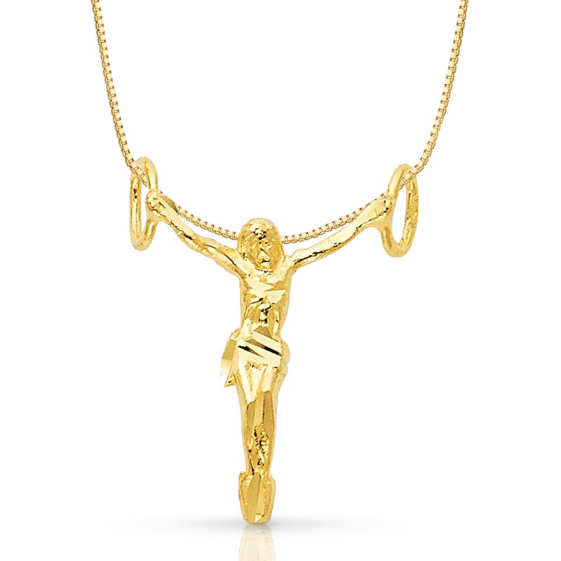 14K Gold Religious Jesus Christ Body Charm Pendant With 0.8Mm Box Chain Necklace