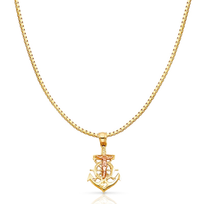 14K Gold Religious Crucifix Anchor Charm Pendant With 1.2Mm Box Chain Necklace