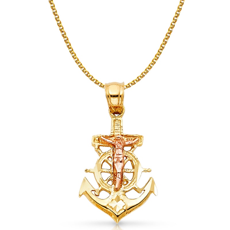 14K Gold Crucifix Anchor Charm Pendant With 2Mm Flat Open Wheat Chain Necklace