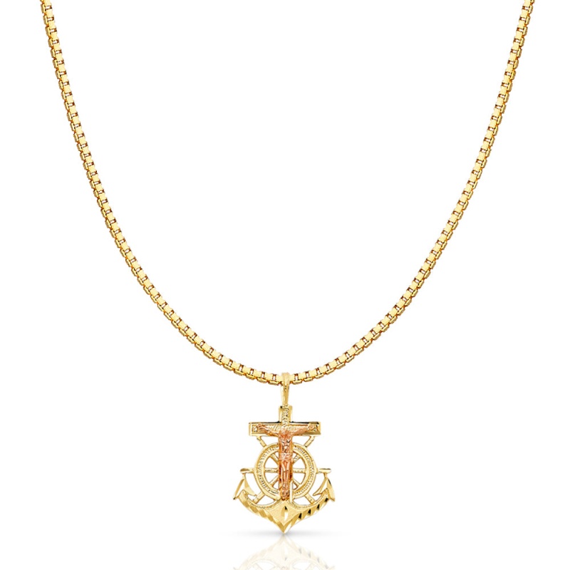 14K Gold Religious Crucifix Anchor Charm Pendant With 1.2Mm Box Chain Necklace