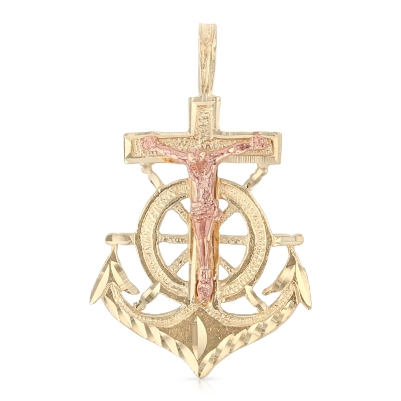 14K Gold Crucifix Anchor Charm Pendant With 1.8Mm Singapore Chain Necklace - 16