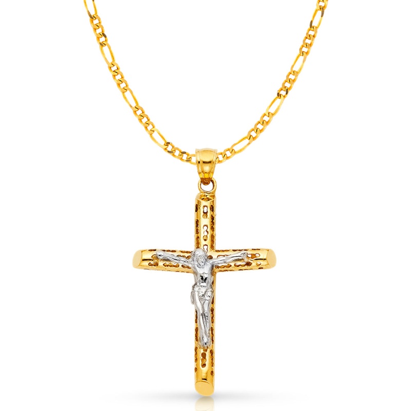 14K Gold Crucifix Charm Pendant With 3.1Mm Figaro 3+1 Chain Necklace