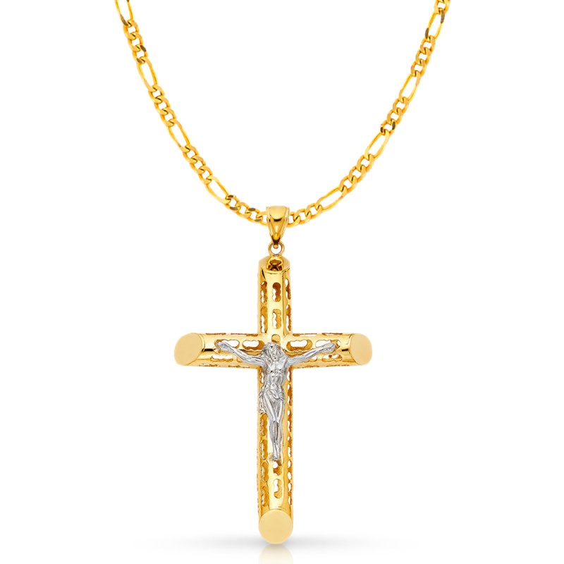 14K Gold Crucifix Charm Pendant With 3.8Mm Figaro 3+1 Chain Necklace
