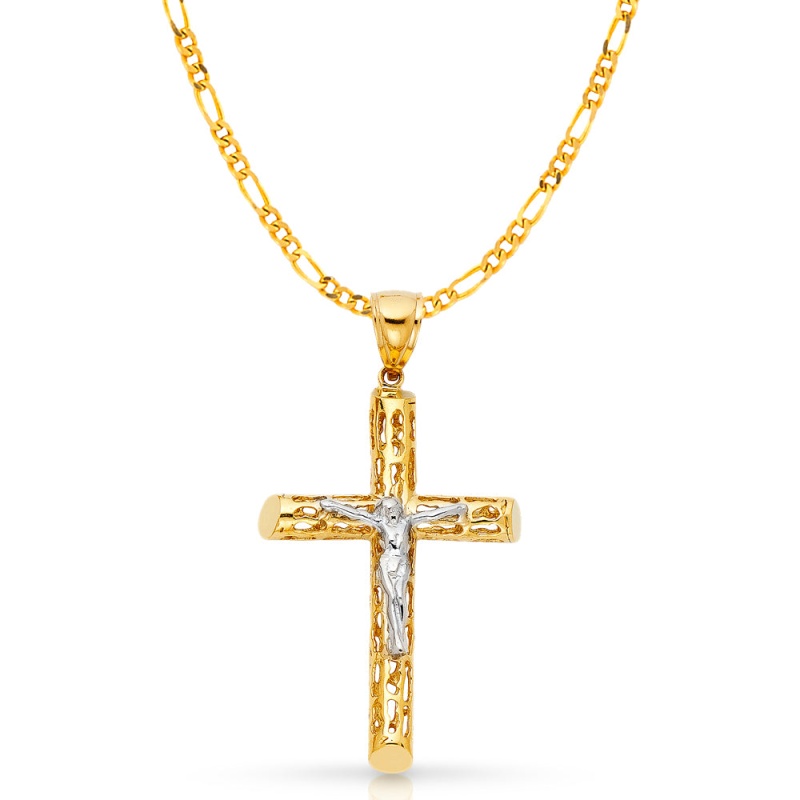 14K Gold Crucifix Charm Pendant With 3.1Mm Figaro 3+1 Chain Necklace