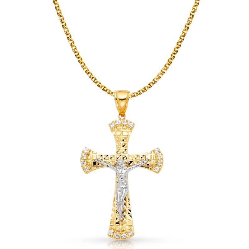 14K Gold Cz Crucifix Charm Pendant With 2Mm Flat Open Wheat Chain Necklace