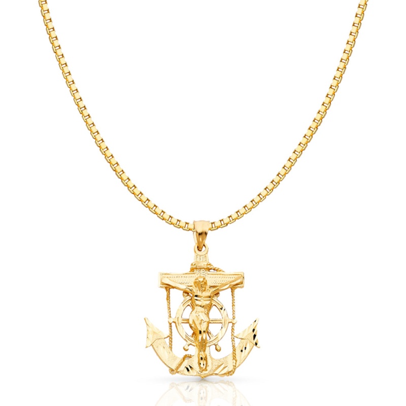 14K Gold Mariner Religious Crucifix Charm Pendant With 1.2Mm Box Chain Necklace