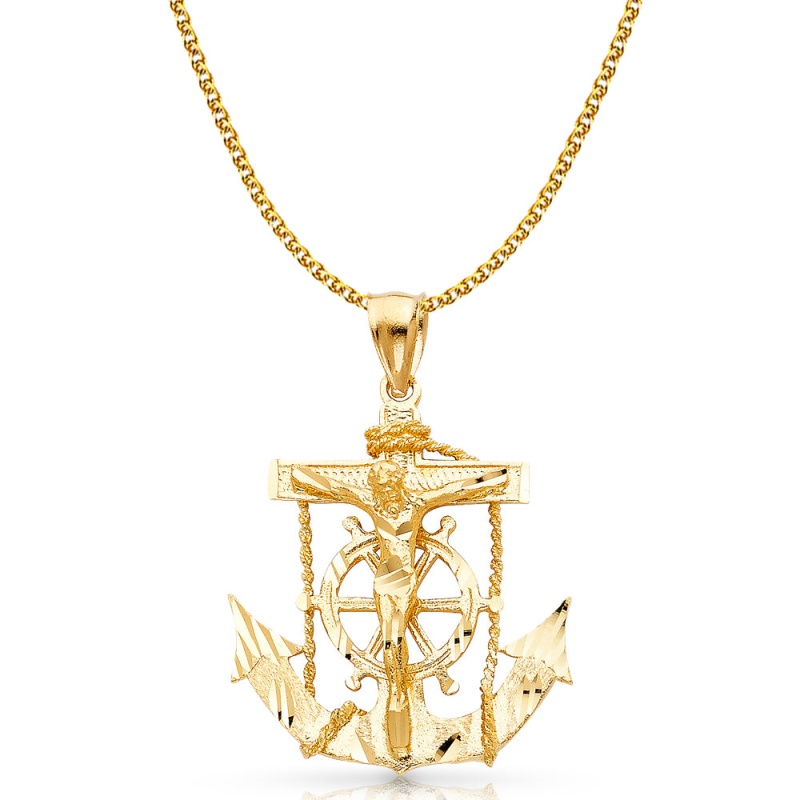14K Gold Mariner Crucifix Charm Pendant With 2Mm Flat Open Wheat Chain Necklace