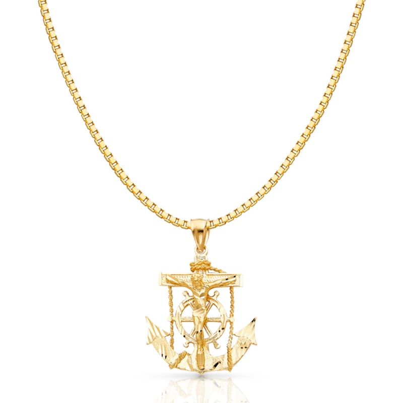 14K Gold Mariner Religious Crucifix Charm Pendant With 1.2Mm Box Chain Necklace