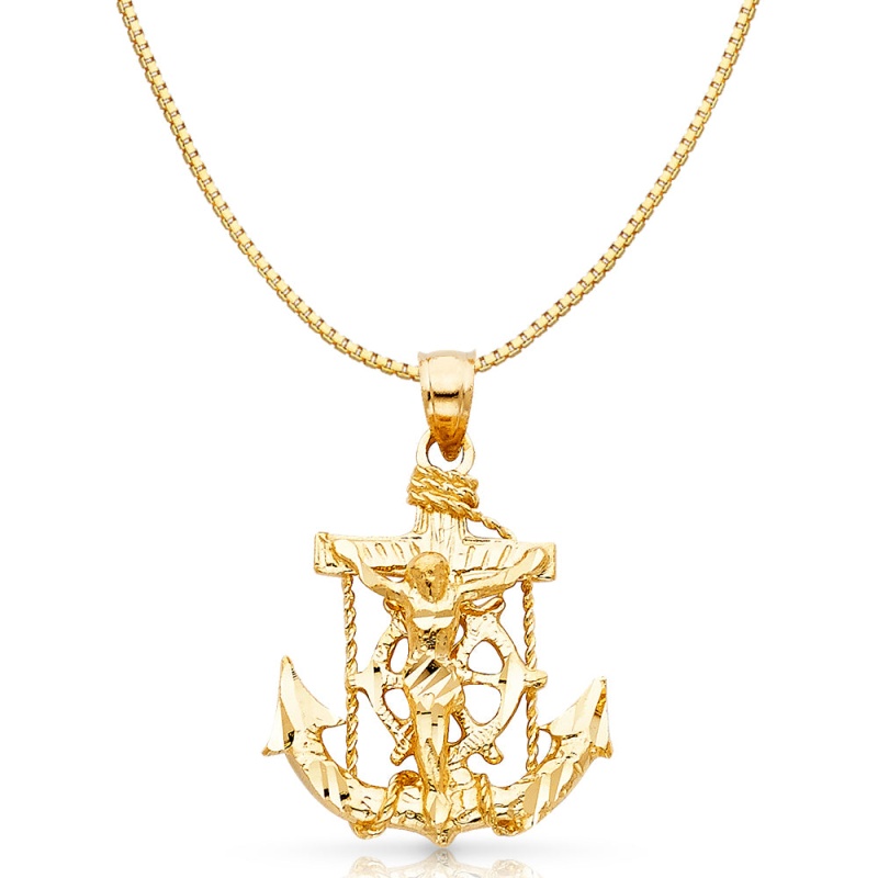 14K Gold Mariner Religious Crucifix Charm Pendant With 0.8Mm Box Chain Necklace