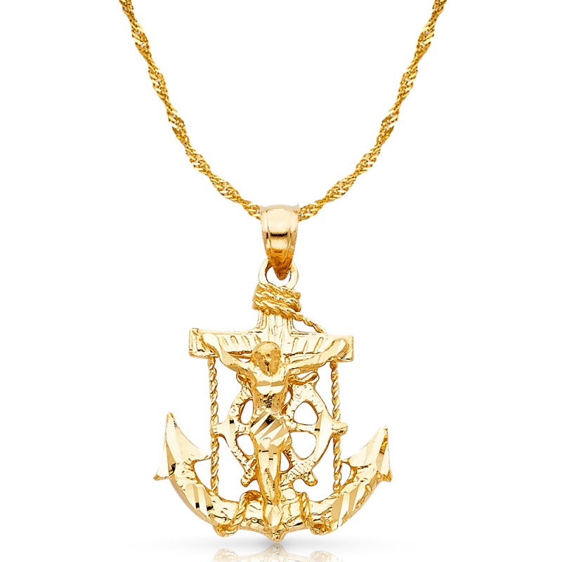 14K Gold Mariner Crucifix Charm Pendant With 1.8Mm Singapore Chain Necklace