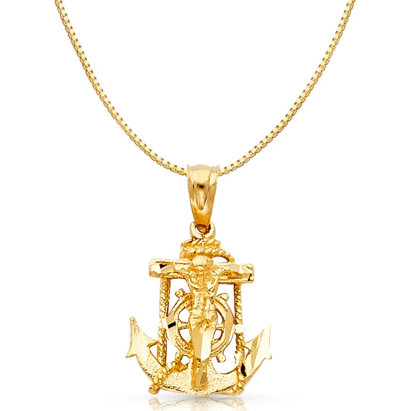 14K Gold Mariner Religious Crucifix Charm Pendant With 0.8Mm Box Chain Necklace