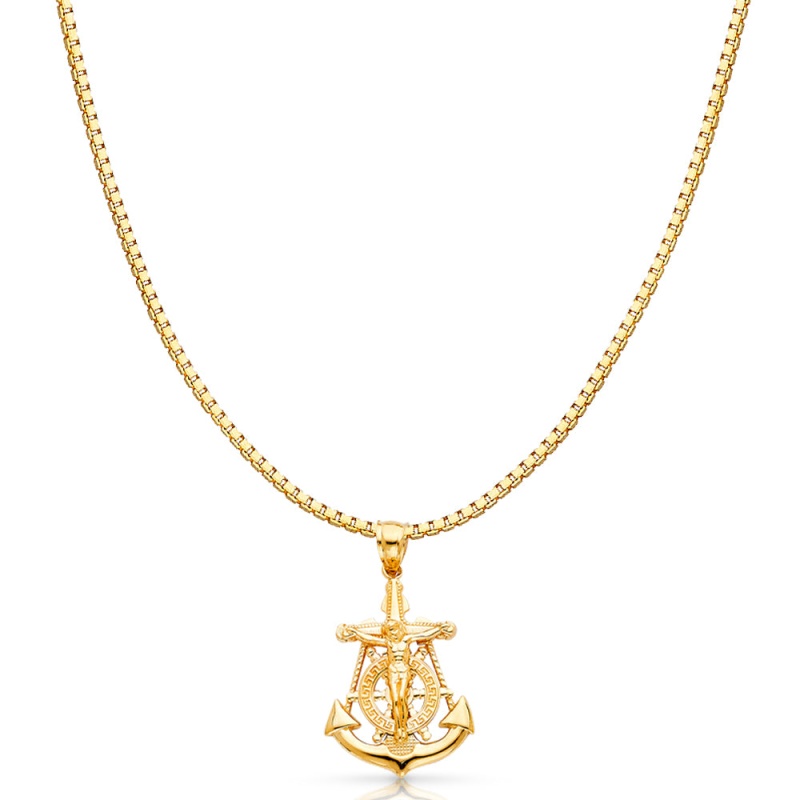 14K Gold Mariner Religious Crucifix Charm Pendant With 1.2Mm Box Chain Necklace