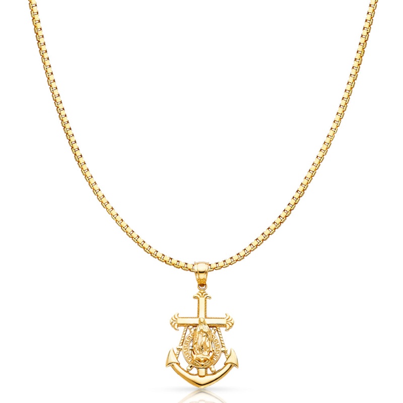 14K Gold Religious Guadalupe Charm Pendant With 1.2Mm Box Chain Necklace