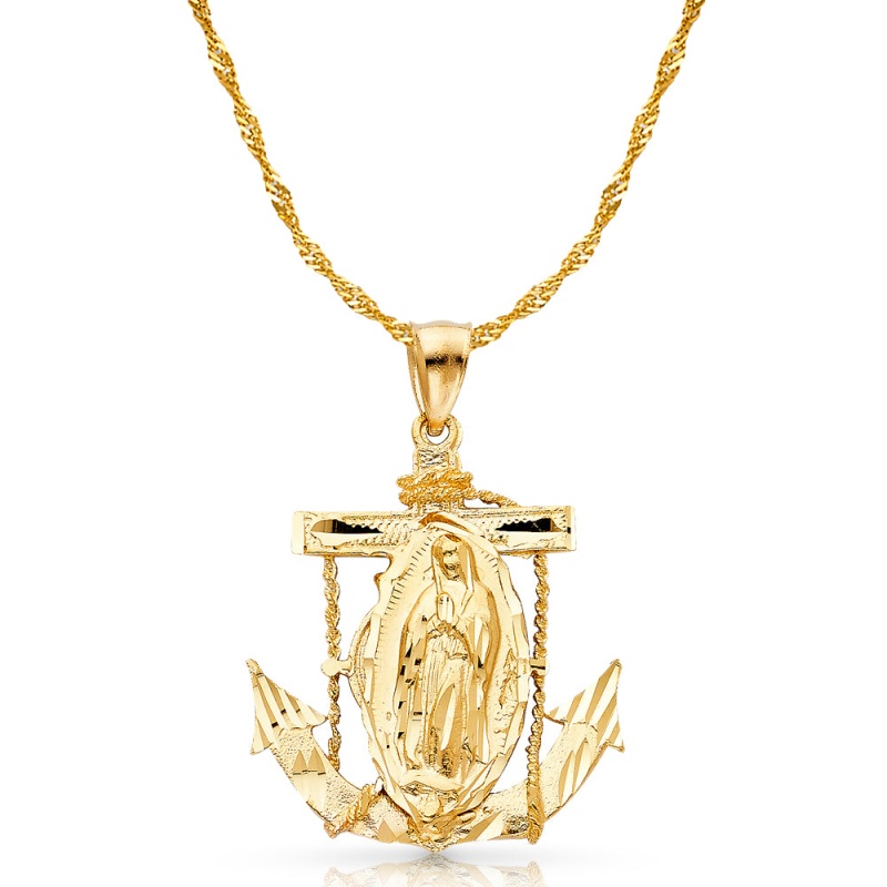 14K Gold Guadalupe Charm Pendant With 1.8Mm Singapore Chain Necklace