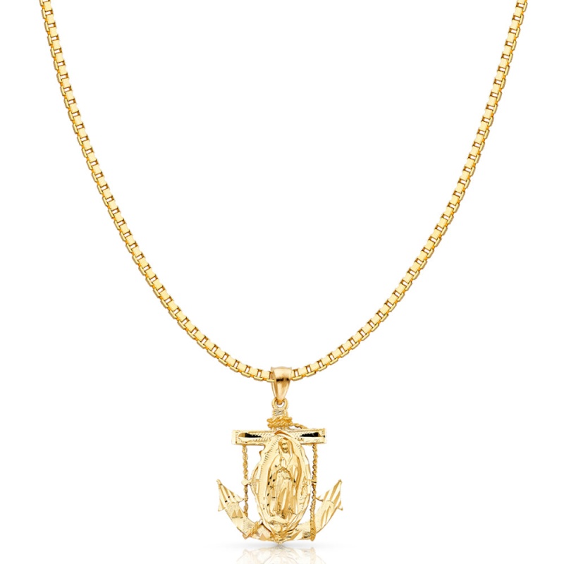 14K Gold Religious Guadalupe Charm Pendant With 1.2Mm Box Chain Necklace