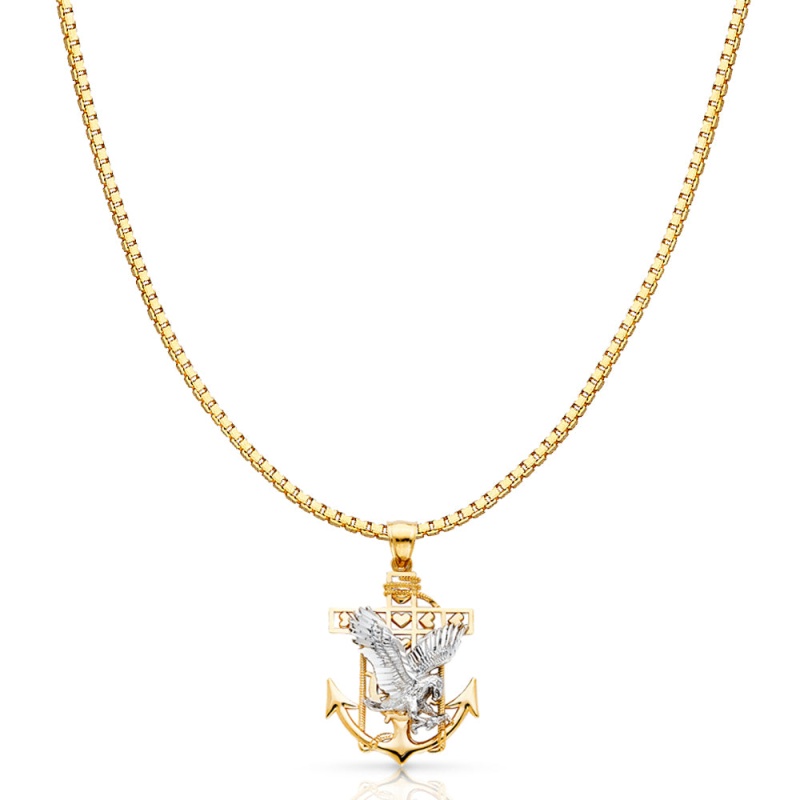 14K Gold Mariner Eagle Charm Pendant With 1.2Mm Box Chain Necklace