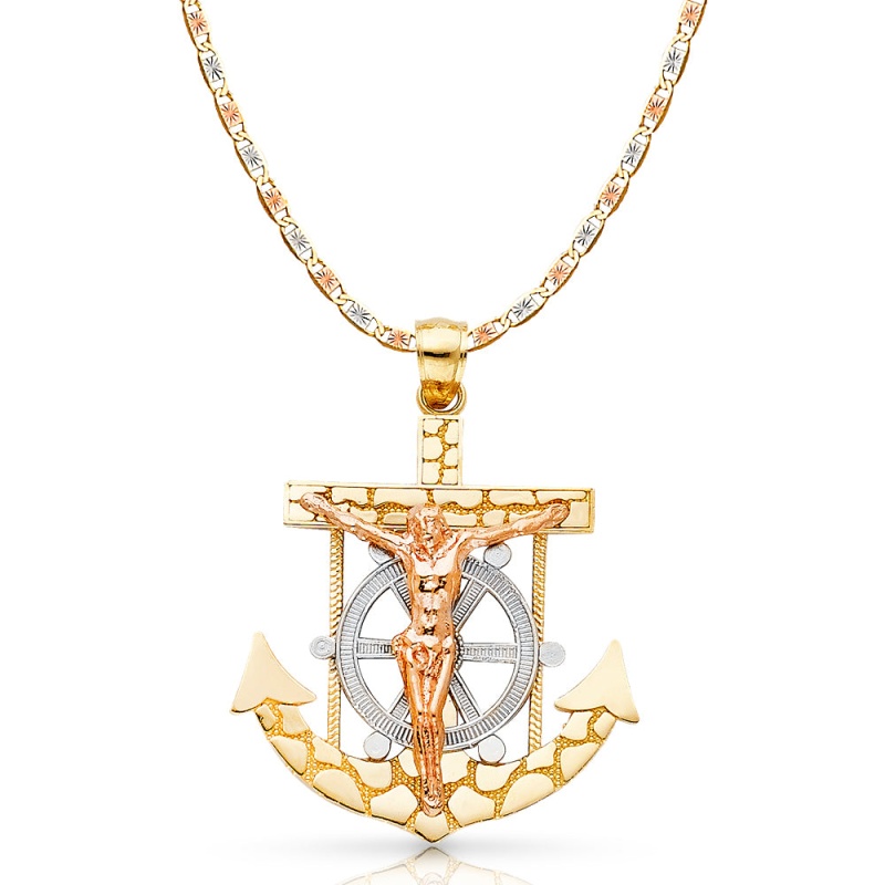 14K Gold Mariner Crucifix Charm Pendant With 4.2Mm Valentino Star Diamond Cut Chain Necklace