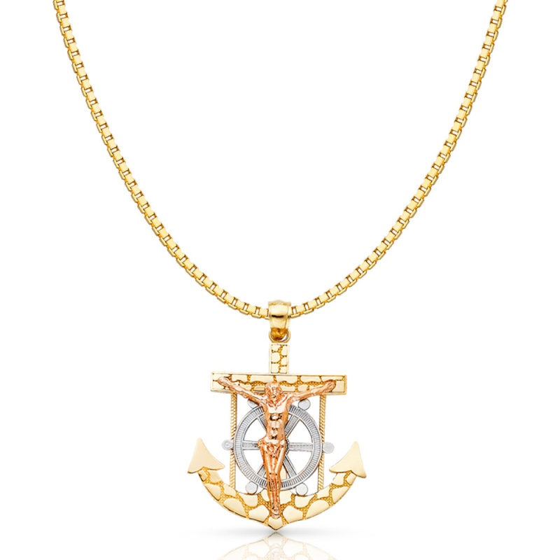 14K Gold Mariner Religious Crucifix Charm Pendant With 1.2Mm Box Chain Necklace
