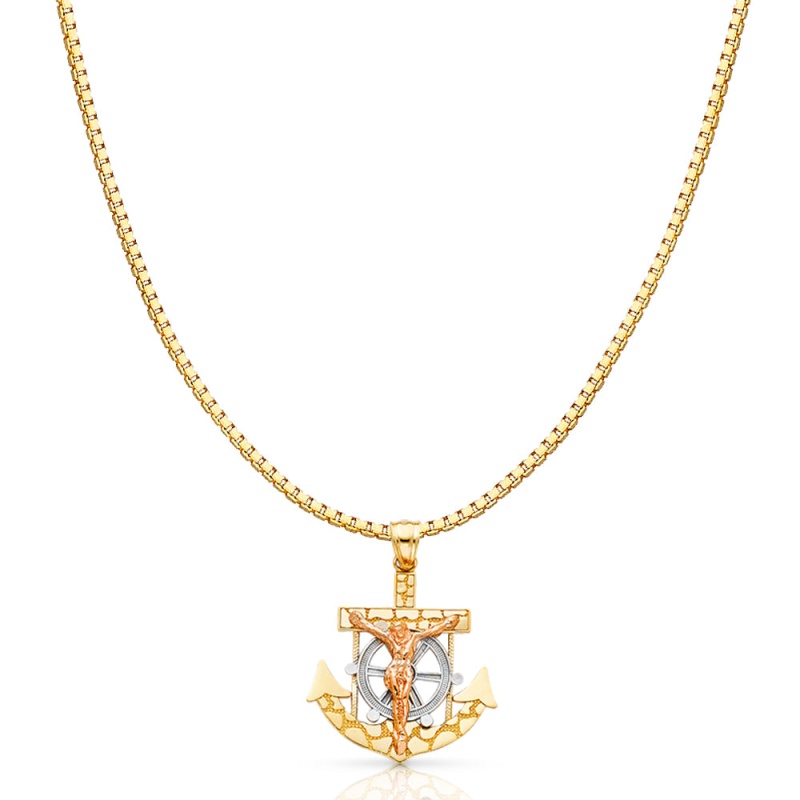 14K Gold Mariner Religious Crucifix Charm Pendant With 1.2Mm Box Chain Necklace
