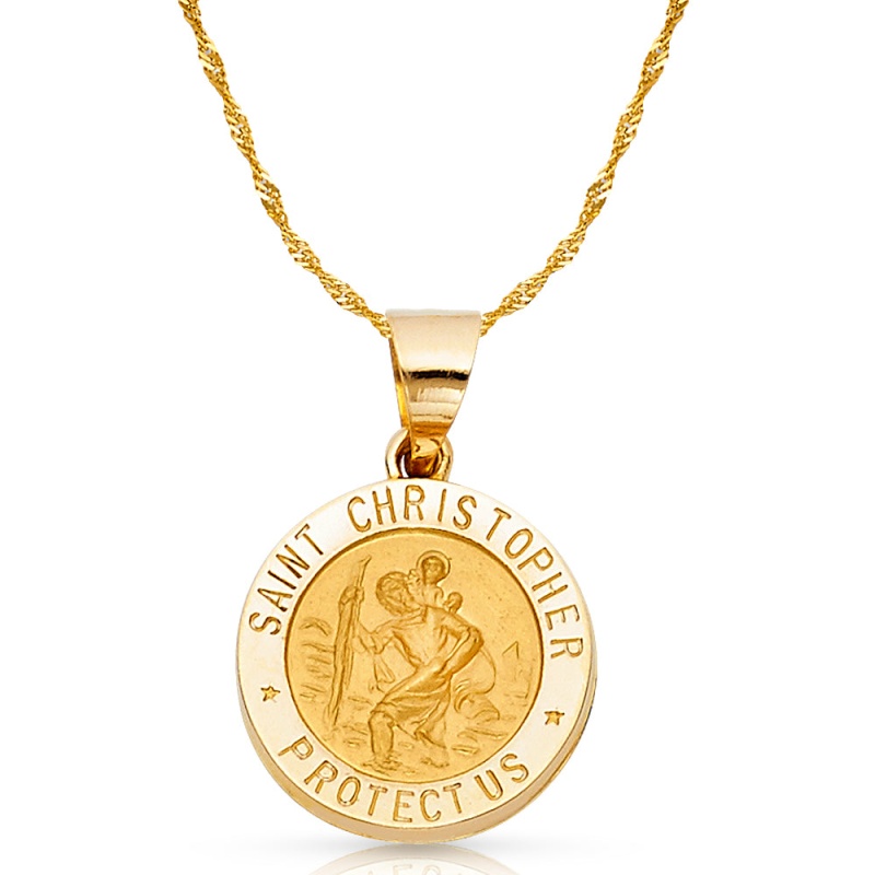 14K Gold St. Christopher Charm Pendant With 1.8Mm Singapore Chain Necklace