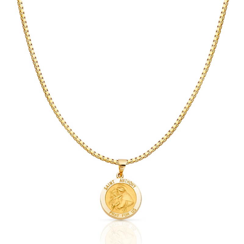 14K Gold Religious St. Anthony Charm Pendant With 1.2Mm Box Chain Necklace