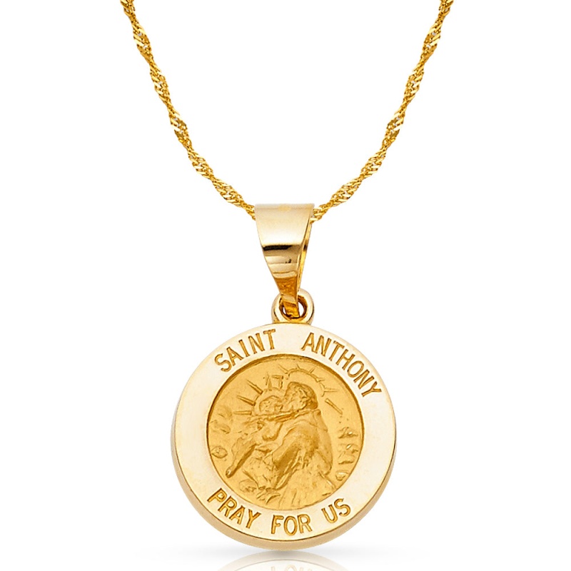 14K Gold St. Anthony Charm Pendant With 1.8Mm Singapore Chain Necklace