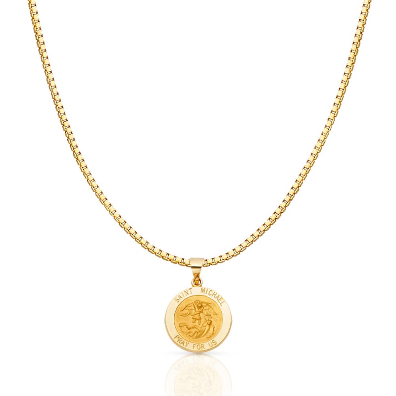 14K Gold Religious St. Michael Charm Pendant With 1.2Mm Box Chain Necklace